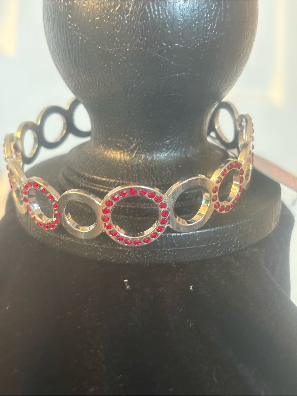 Silver Circle Link Bracelet with Red Crystal Accents